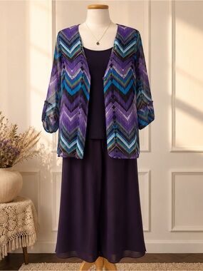 Purple 3 Piece Skirt Suit Set Size 12 Chevron Jacket Koret Dress